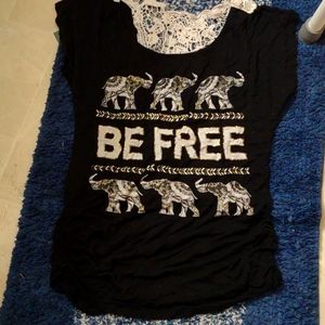 Free kisses shirt, size L, black with white lace in back.